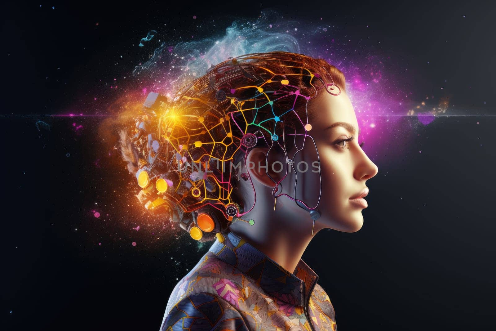A symbolic concept image of AI technology fused with a human robot brain.by Generative AI..