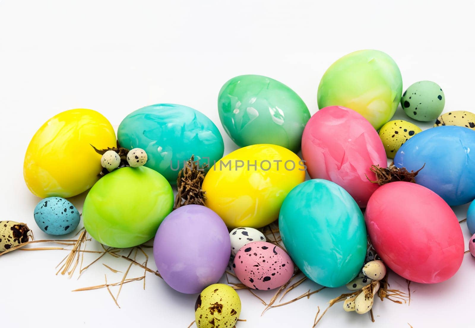 easter decoration ai generated with white background and copy space with painted eggs in green yellow red and blue