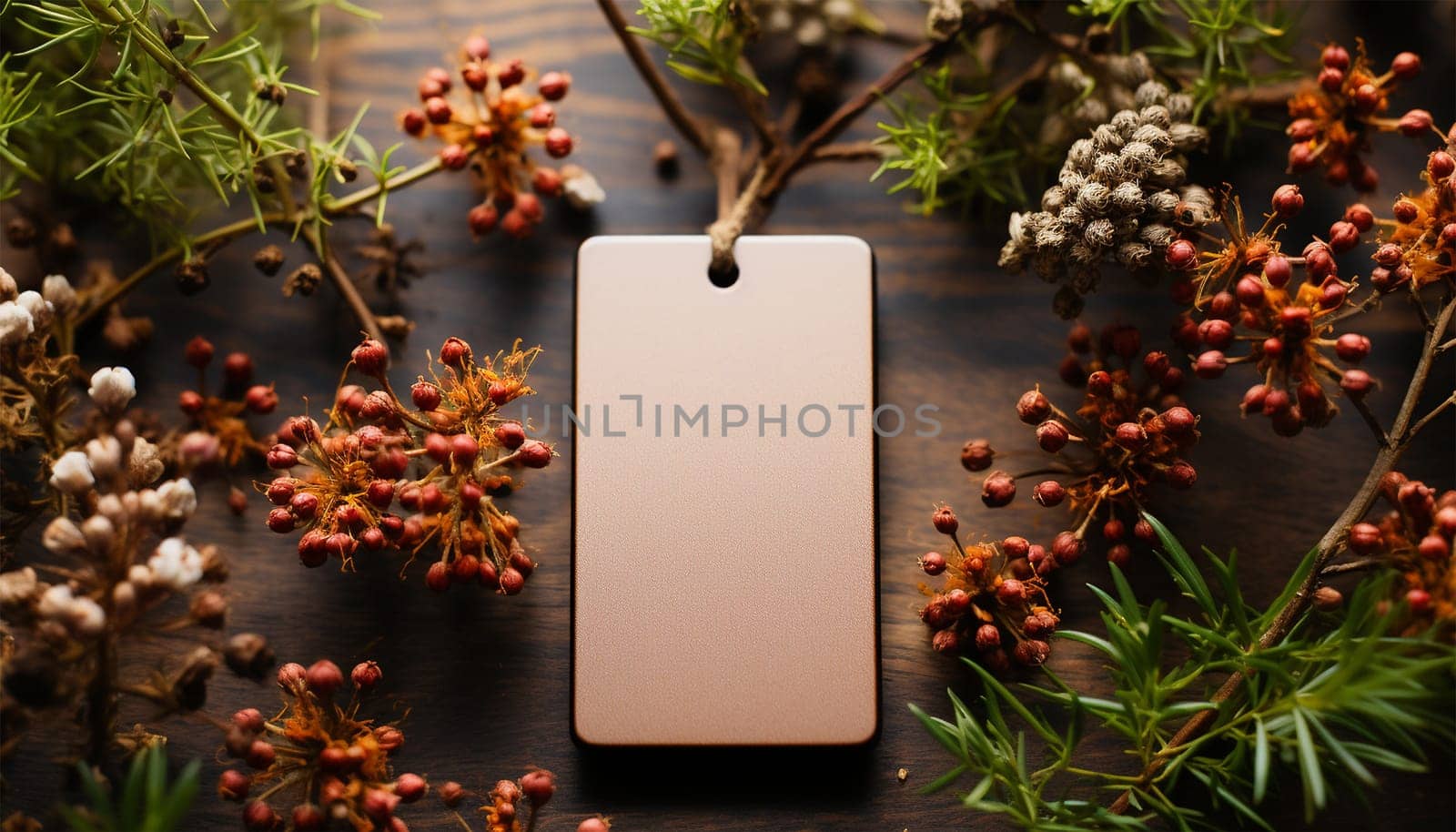 Blank tag mock up natural design. Blank natural tag for on present delivery or gift, leaves and white mockup blank tag for marking or inscription Eco friendly packaging, paper recycling, zero waste, natural products concept. Nature background with plants,leaves and flowers copy space Space for text