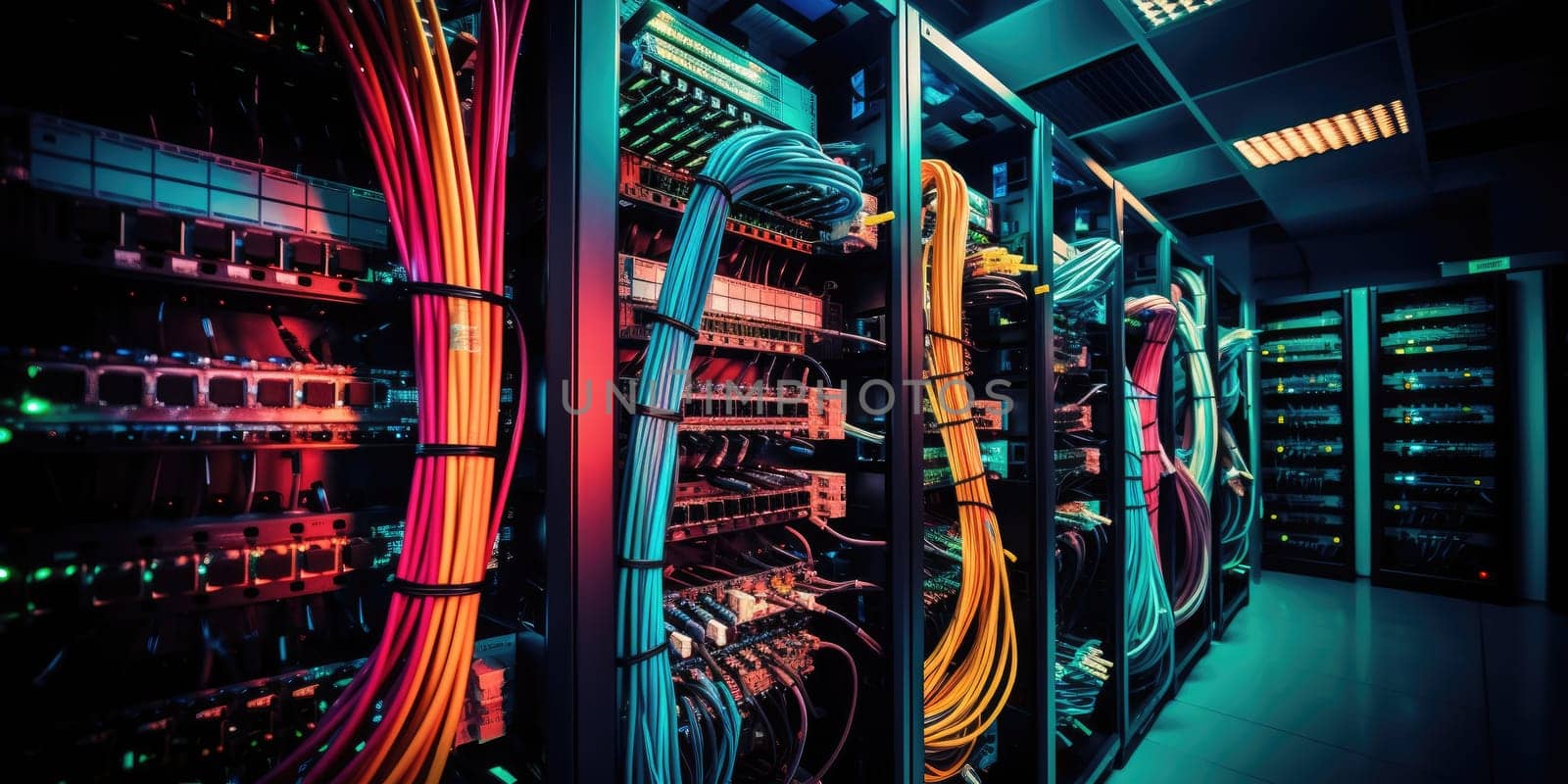 A complex set of wires and cables converge in data center where server process and transmit data around the world. Data infrastructure storage.by Generative AI..