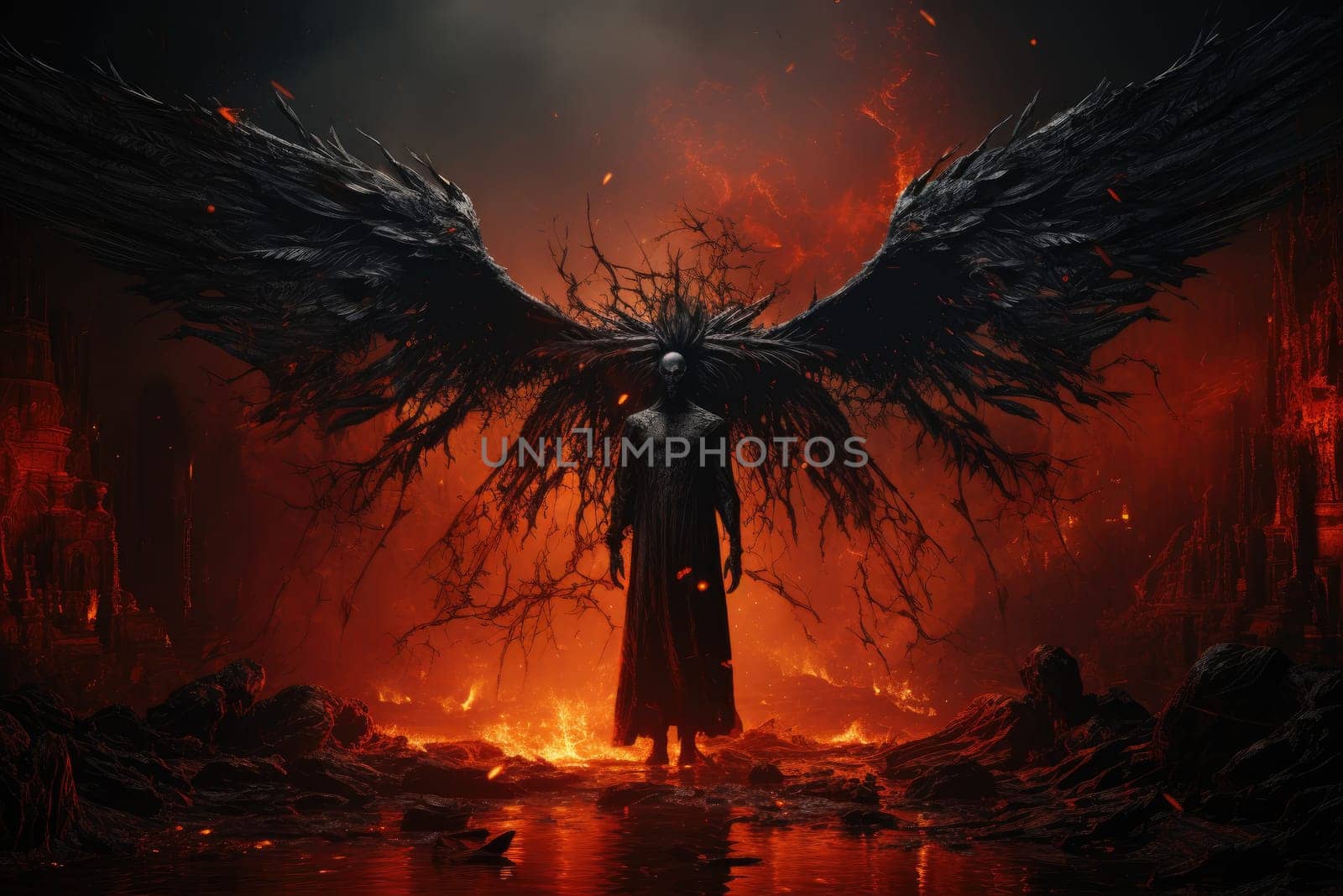 Genrative ai collage picture of evil satanic inferno with dark wings fallen angel in hell.by Generative AI..