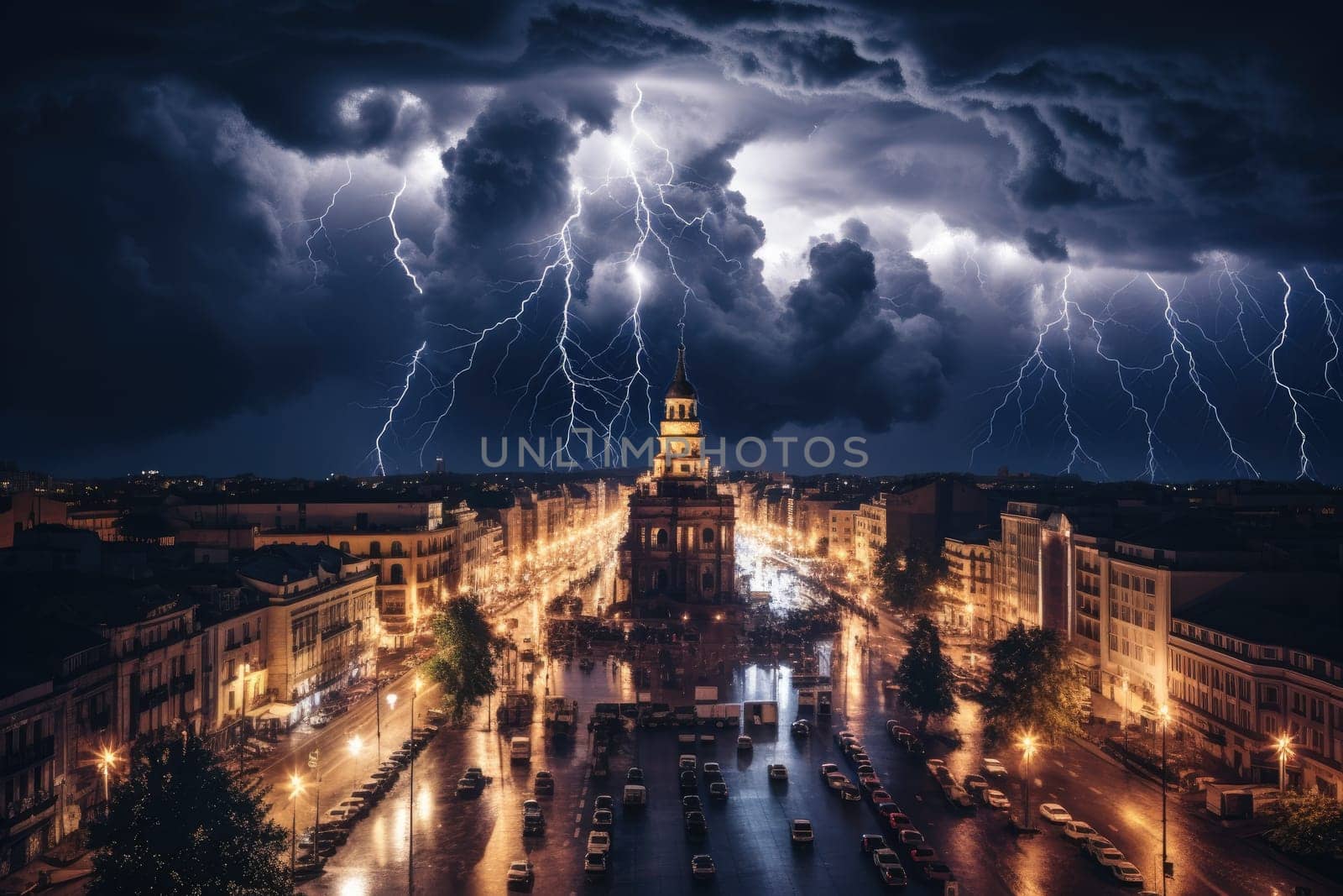 Image of thunderstorm and overcast skies in the city center by Generative AI..