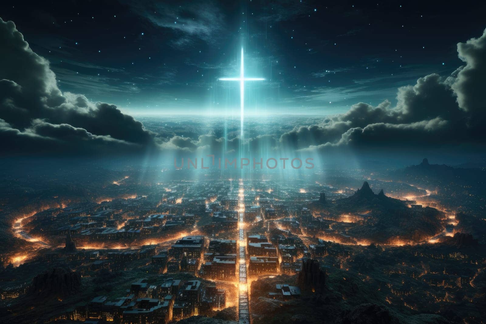 Glowing Catholic cross above the earth and surrounding clouds. Sacred and slightly surreal.by Generative AI..