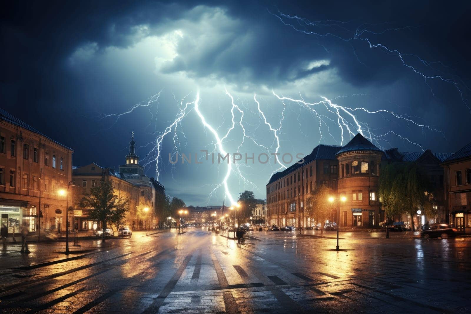 Image of thunderstorm and overcast skies in the city center by Generative AI..