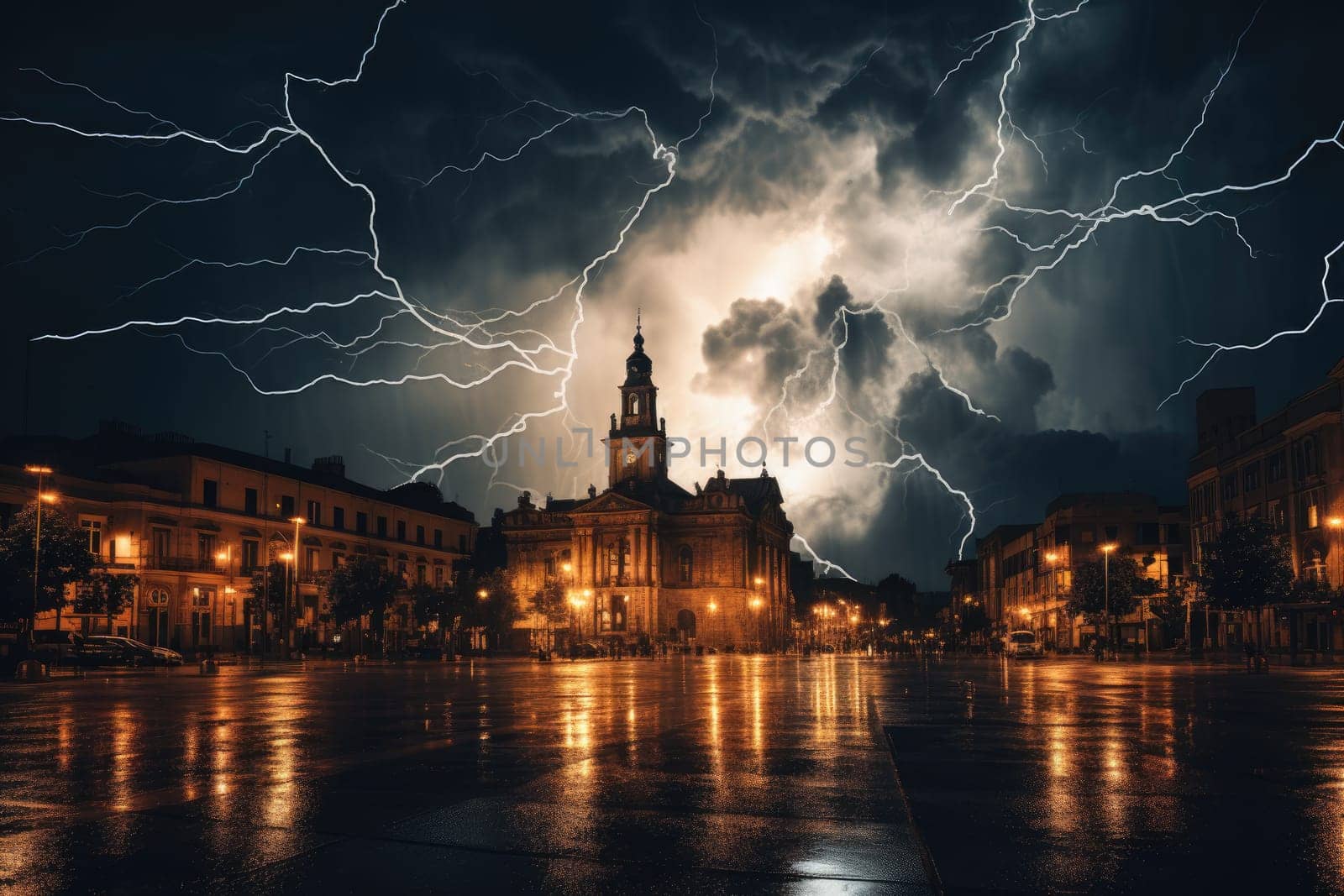 Image of thunderstorm and overcast skies in the city center by Generative AI..