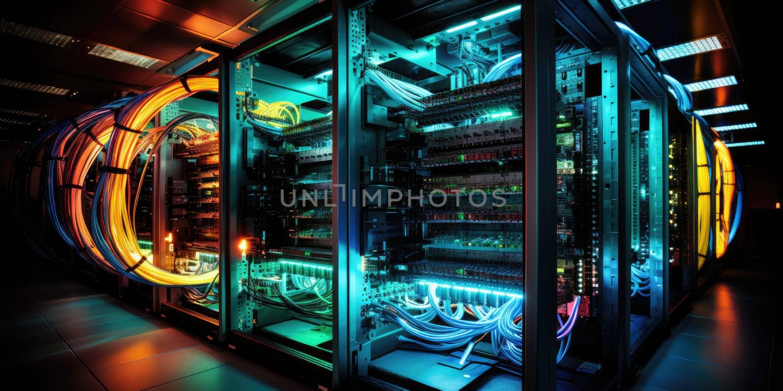 A complex set of wires and cables converge in data center where server process and transmit data around the world. Data infrastructure storage.by Generative AI..