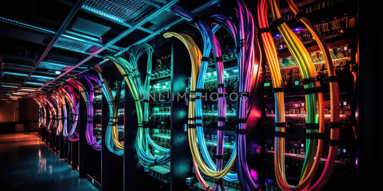 A complex set of wires and cables converge in data center where server process and transmit data around the world. Data infrastructure storage.by Generative AI. by wichayada