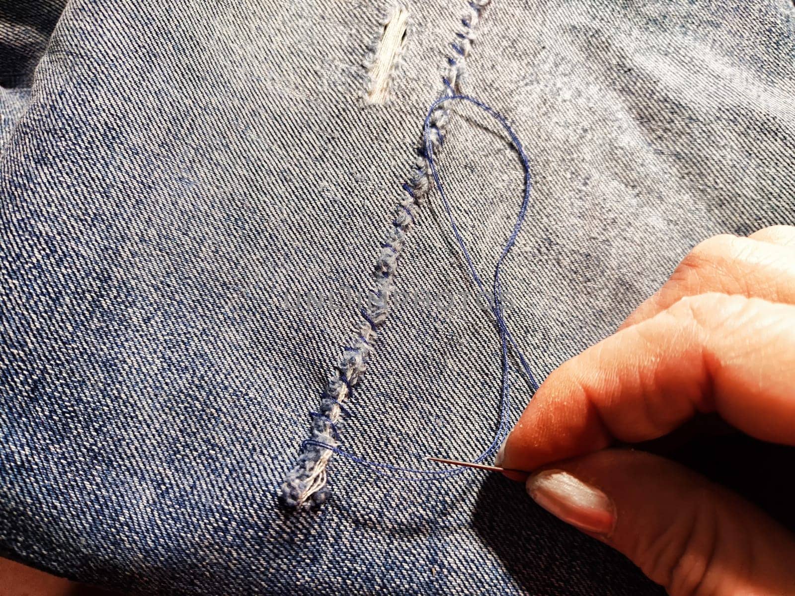 Woman repairing a pair of blue jeans. Fingers with a needle and torn jeans fabric. Sewing up a tear on blue fabric