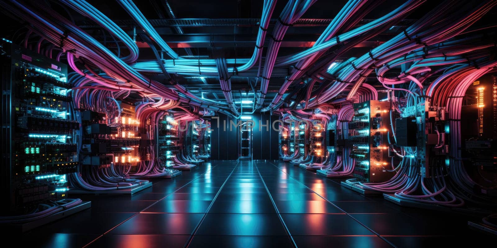 A complex set of wires and cables converge in data center where server process and transmit data around the world. Data infrastructure storage.by Generative AI. by wichayada