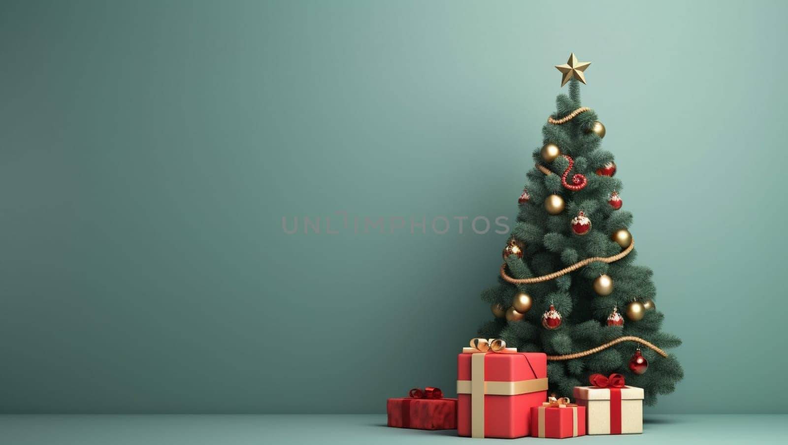 Christmas tree on a green background. Gifts under the Christmas tree, New Year's mood. High quality photo