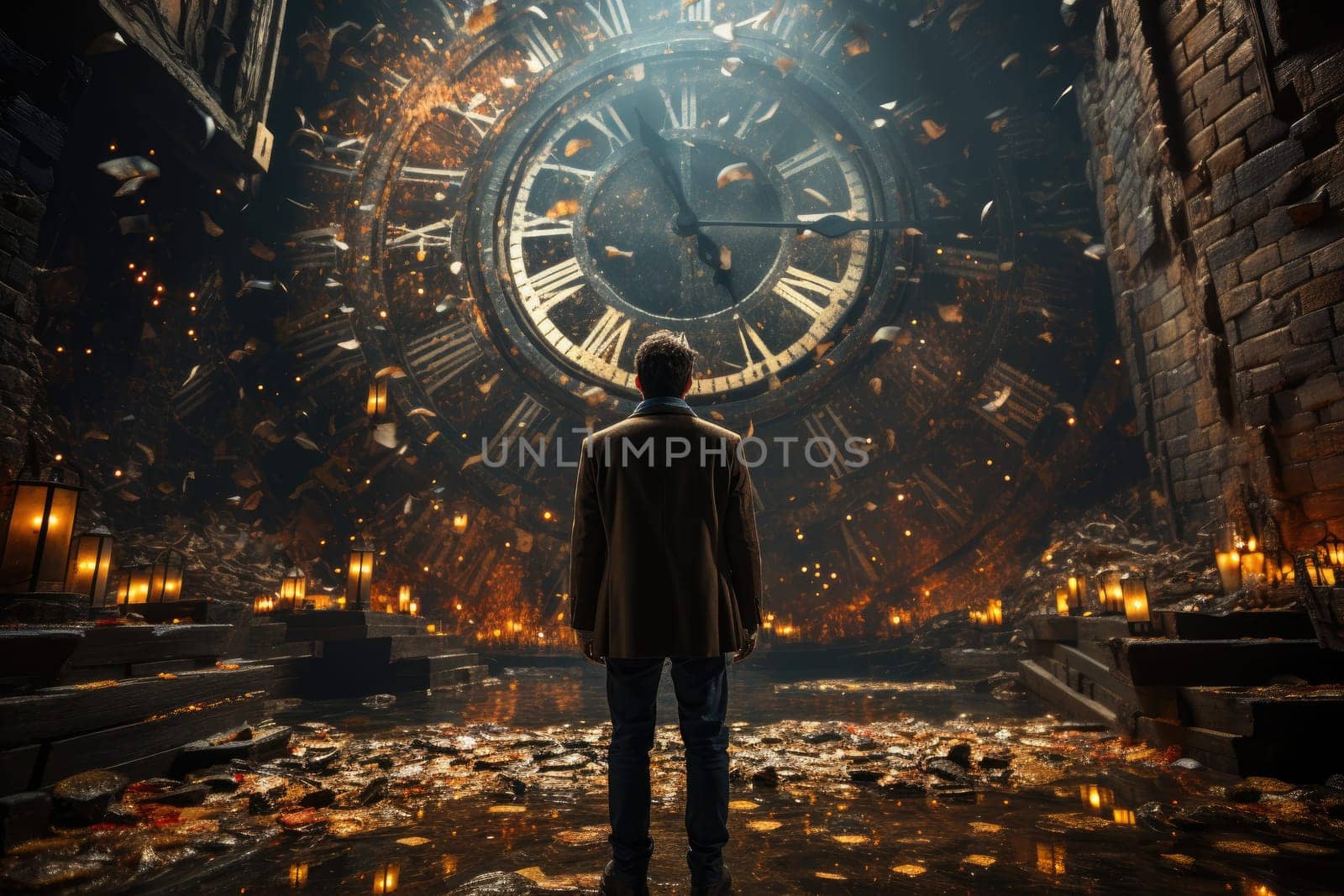 Time flies, a man from behind is standing in a large clock room, time stands still in a dark cave.by Generative AI. by wichayada