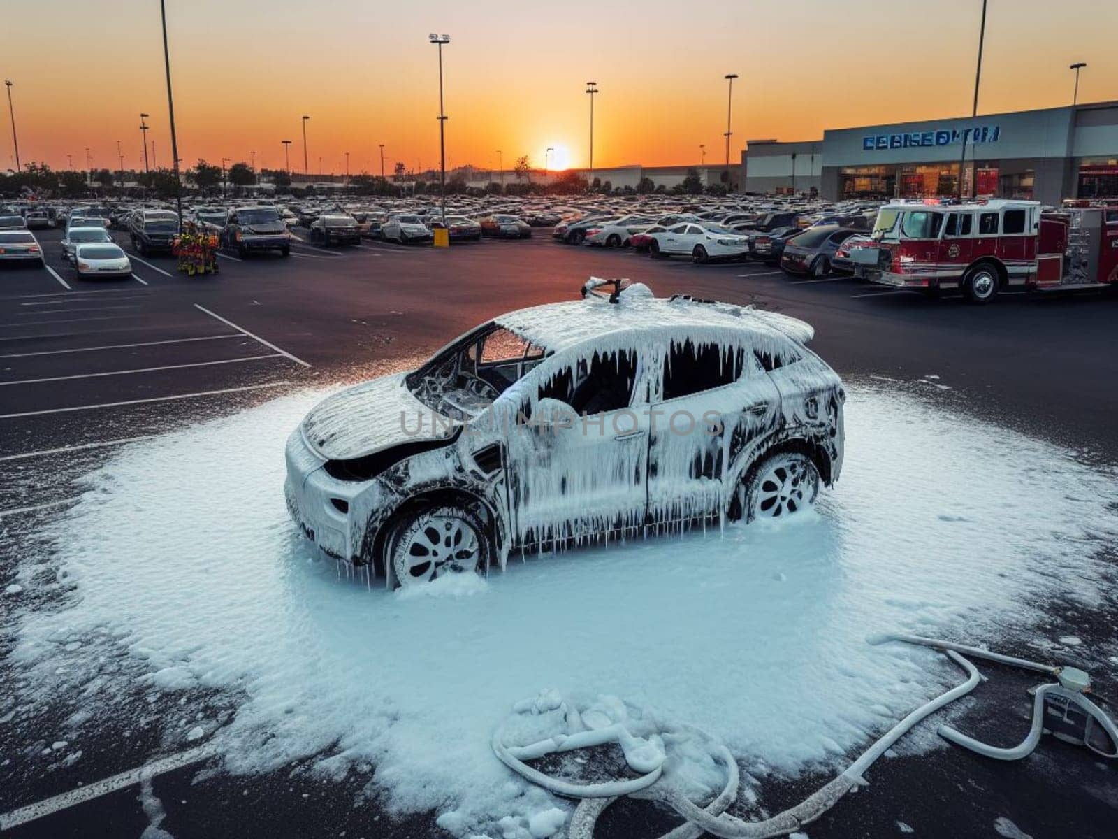 burned melted ev electric car, battery failure in parking lot, firefighter use foam to extinguish generative ai art