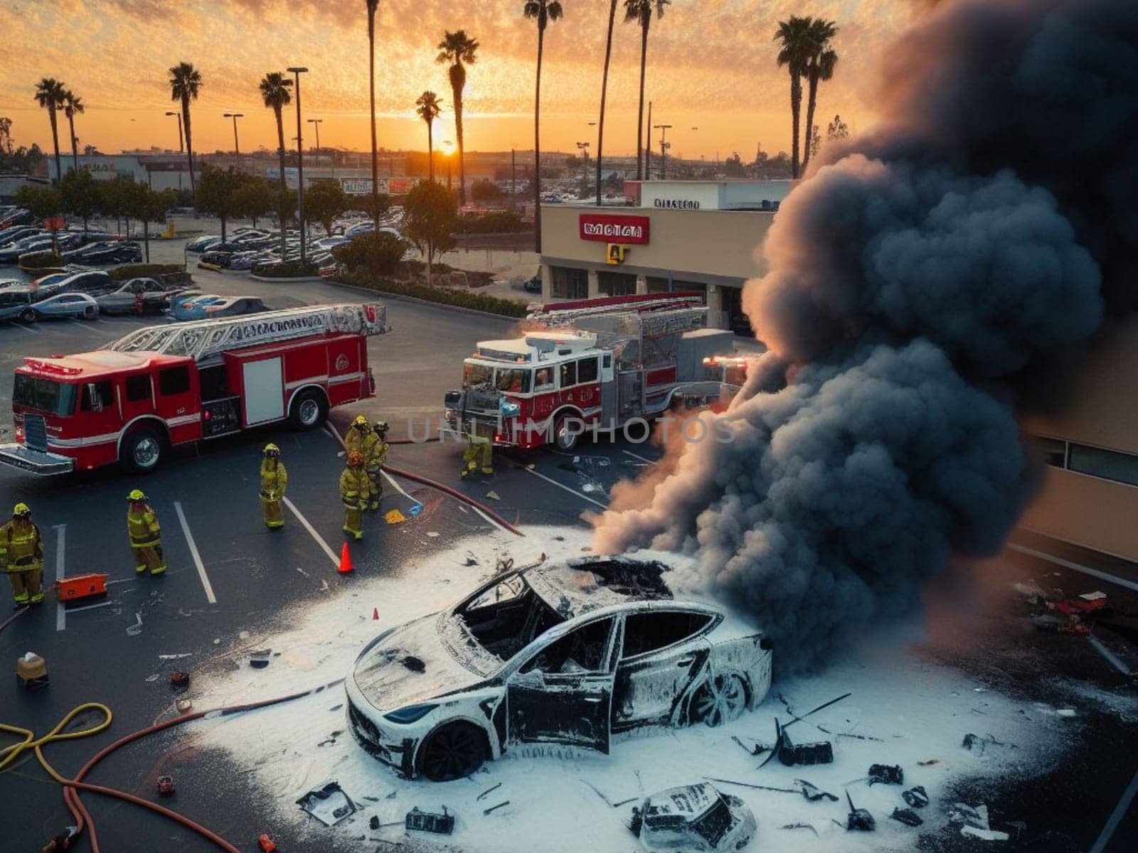 burned melted ev electric car, battery failure in parking lot, firefighter use foam to extinguish generative ai art