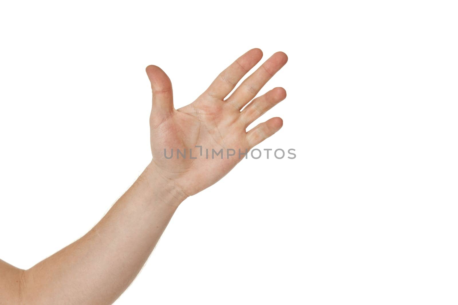 male hand with open palm on white background