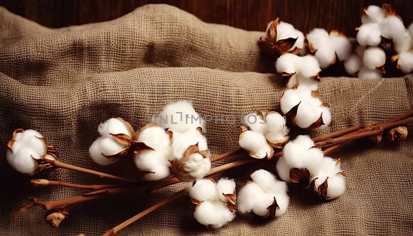 Cotton plant flowers lies on burlap background texture. top view. harvest and cotton fabric linen. Fluffy fibers in flower balls on branch, white canvas. Weaving material for textile production, light industry vintage filter design background antique