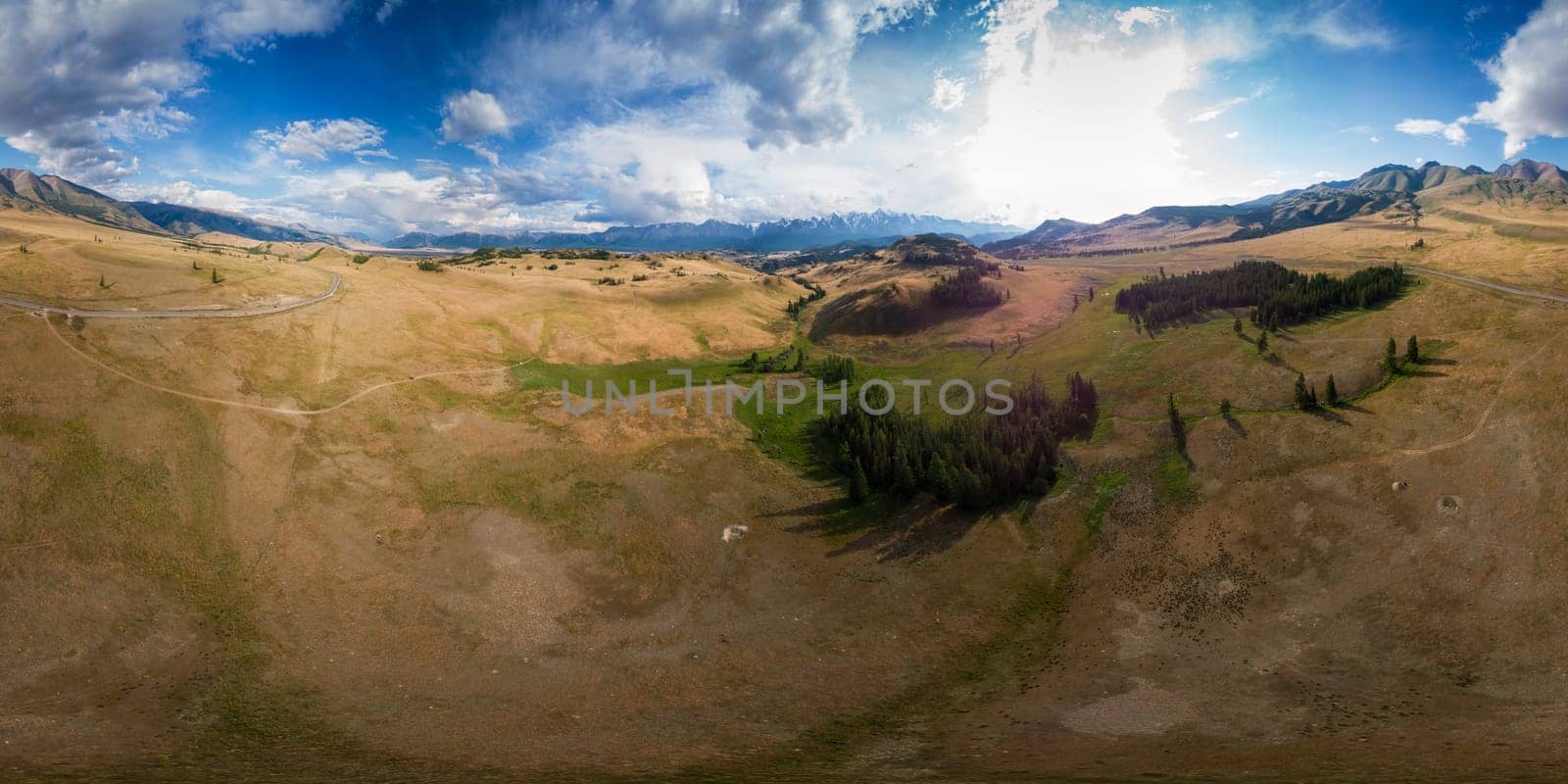 Full 360 equirectangular spherical panorama of beauty day in the mountains in Altay. Aerial shot on drone. Virtual reality content