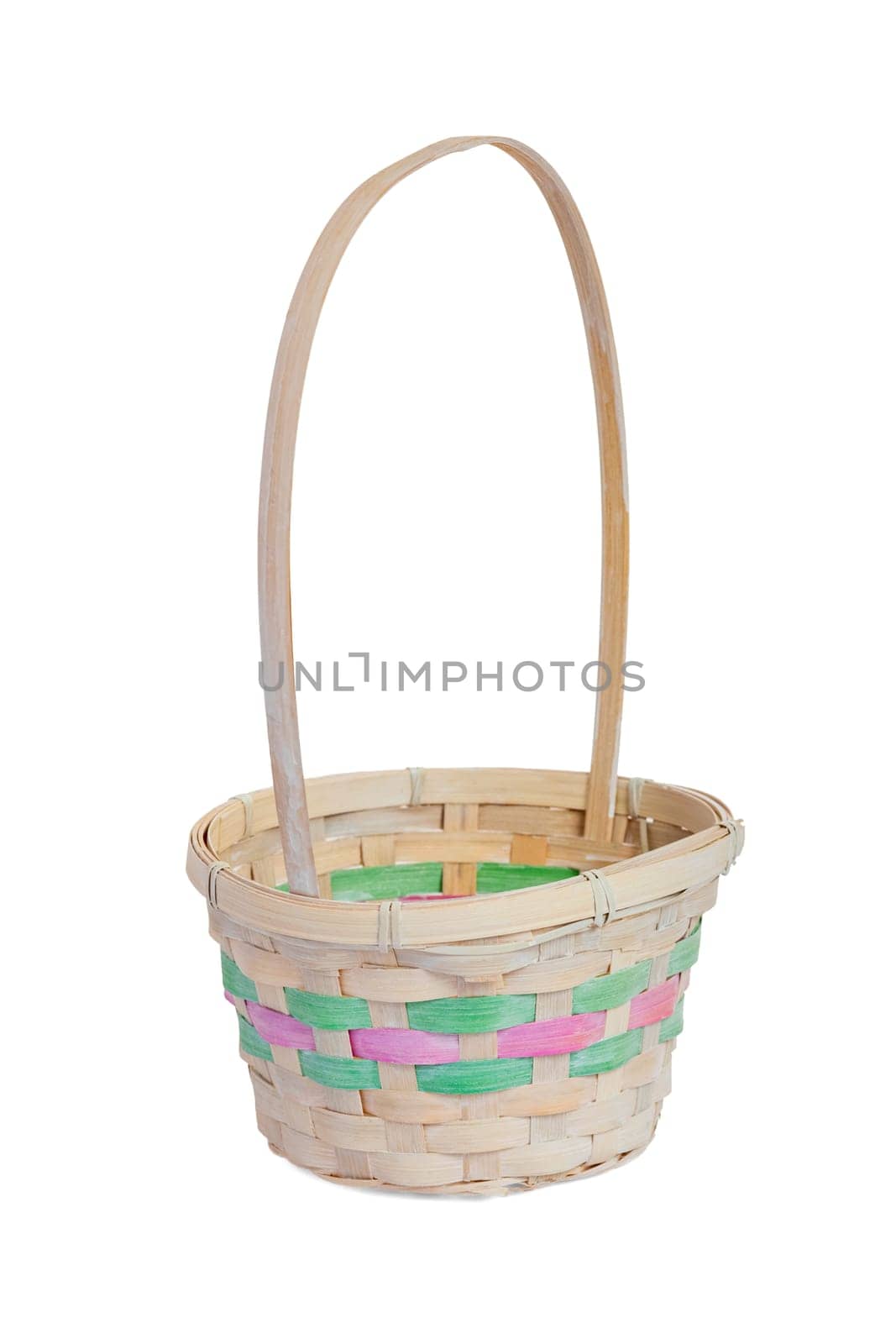 An empty wicker basket isolated on white background. Easter item.