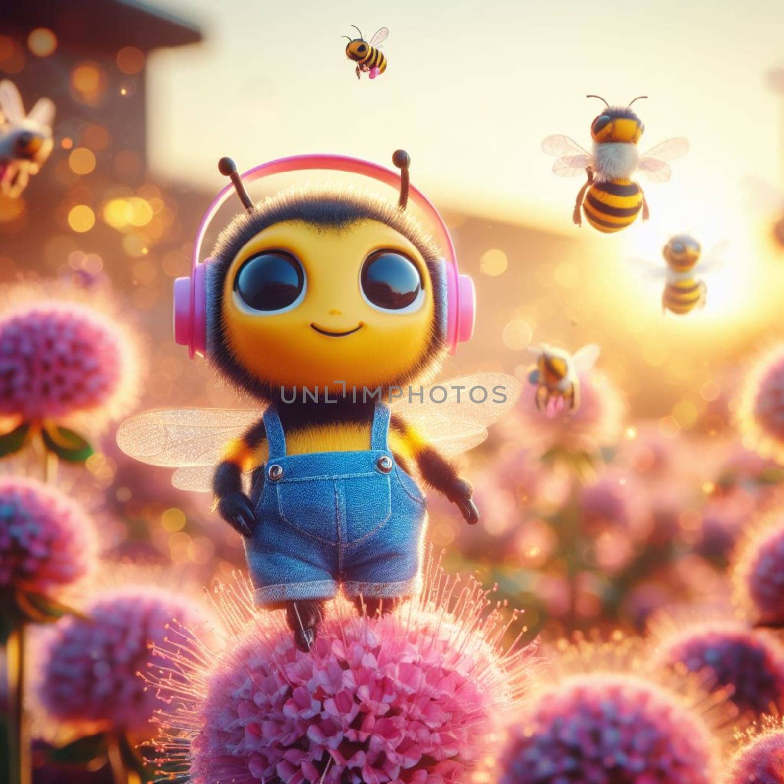 happy comic bee wearing jeans earphones and snikers at flower at sunrise macro close up shot by verbano