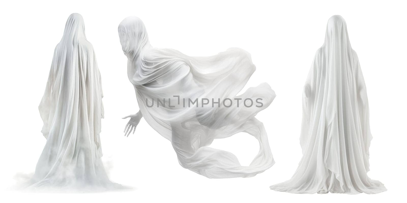 A set of ghosts flying in different directions cut out on a transparent background. A ghost on a transparent background in PNG format for inserting into a design or project