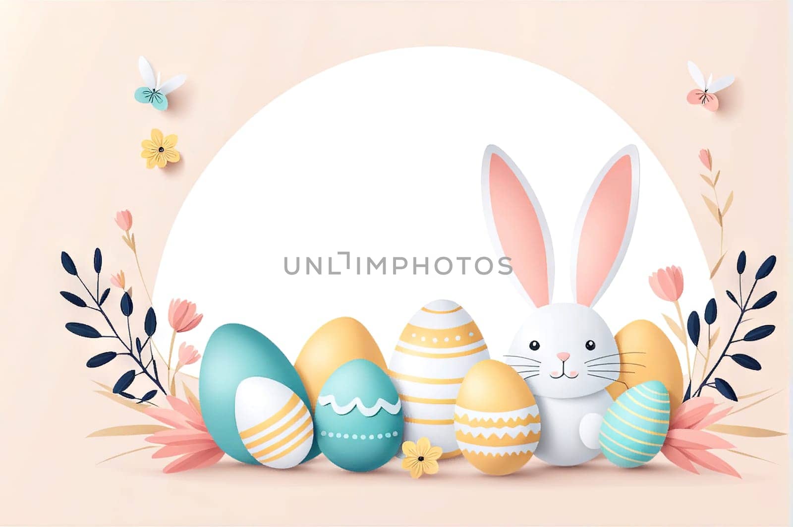 Happy Easter banner, poster, greeting card. Fashionable Easter design with bunny, flowers, eggs in pastel colors. Modern minimalist style. by EkaterinaPereslavtseva