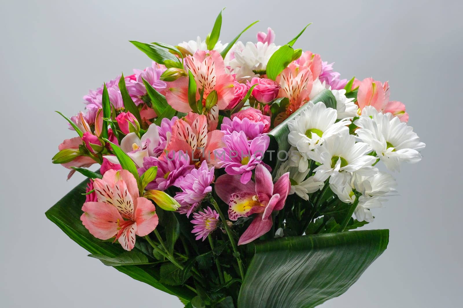 Colorful bouquet of flowers Isolated on a gray background. Colorful background of flowers by Shablovskyistock