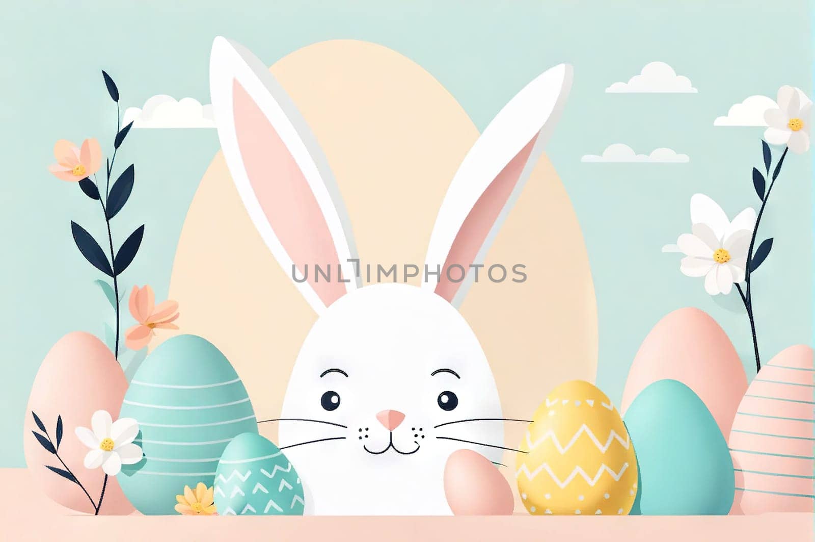 abstract illustration of happy easter bunny and eggs cut from paper on color background