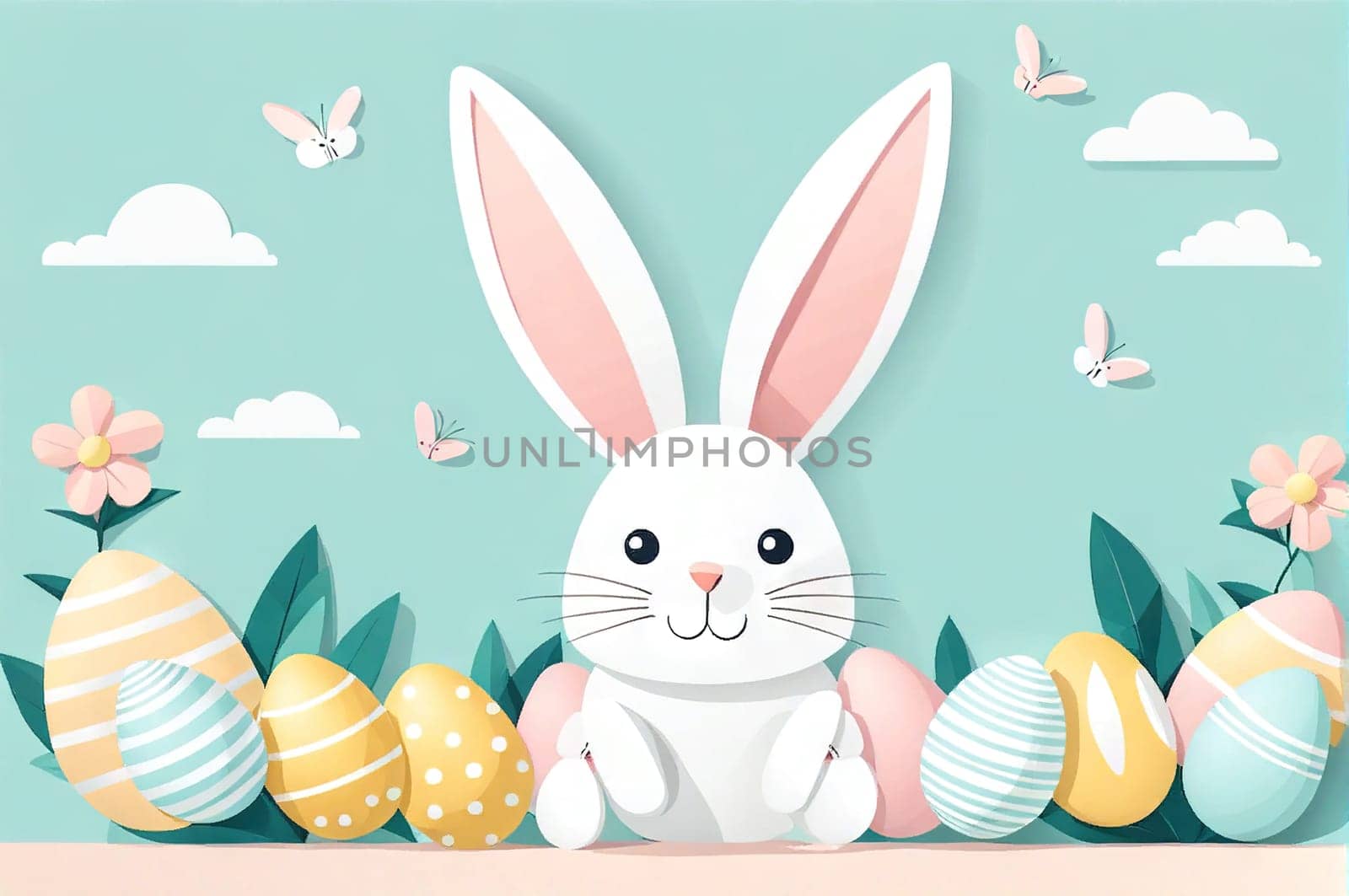 Cute funny bunny, Happy Easter theme, on color background