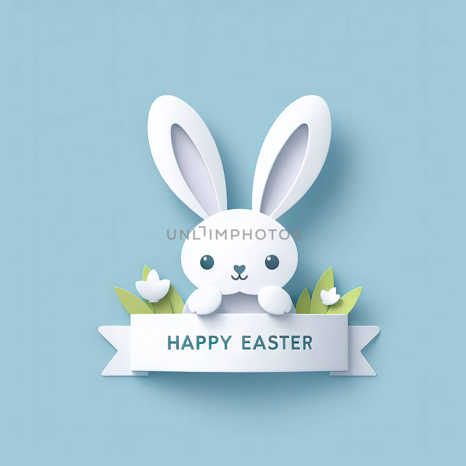 abstract illustration of happy easter bunny cut from paper on color background