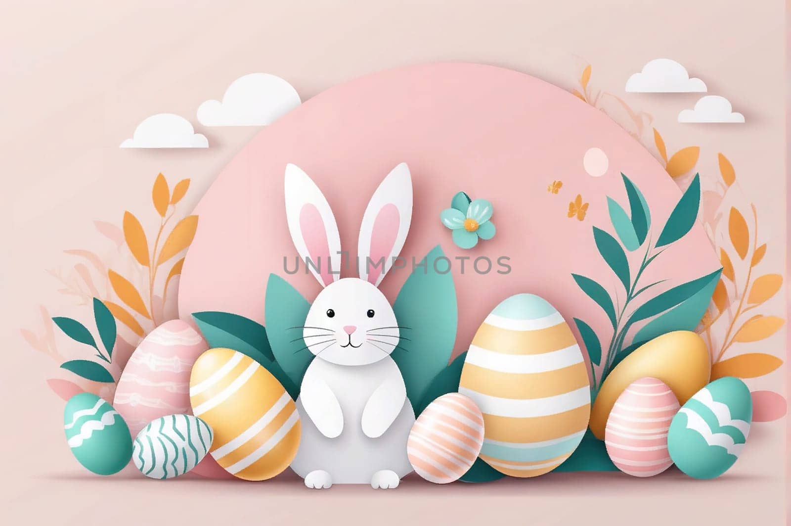 Happy Easter banner, poster, greeting card. Fashionable Easter design with bunny, flowers, eggs in pastel colors. Modern minimalist style