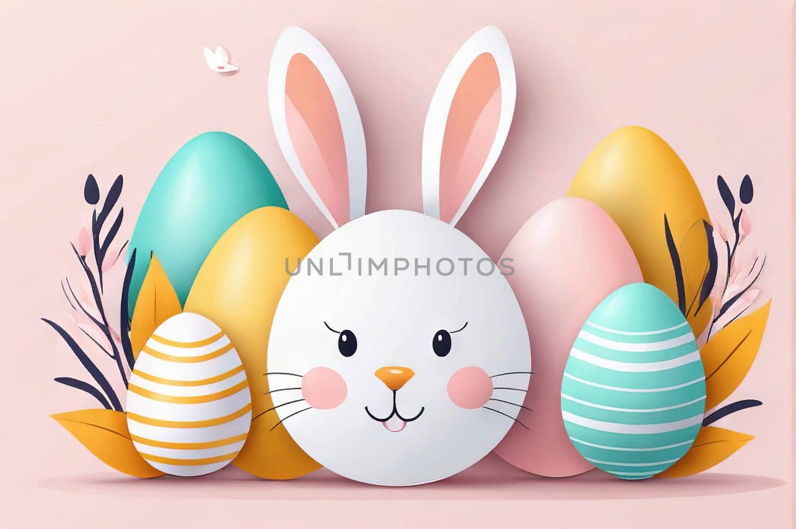 abstract illustration of happy easter bunny and eggs cut from paper on color background. by EkaterinaPereslavtseva