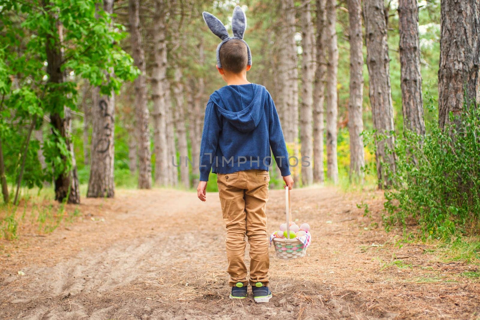 A child looking for Easter eggs in the forest. Little boy hunting for Easter egg in spring wood on Easter day. The concept of Easter Egg Hunt.