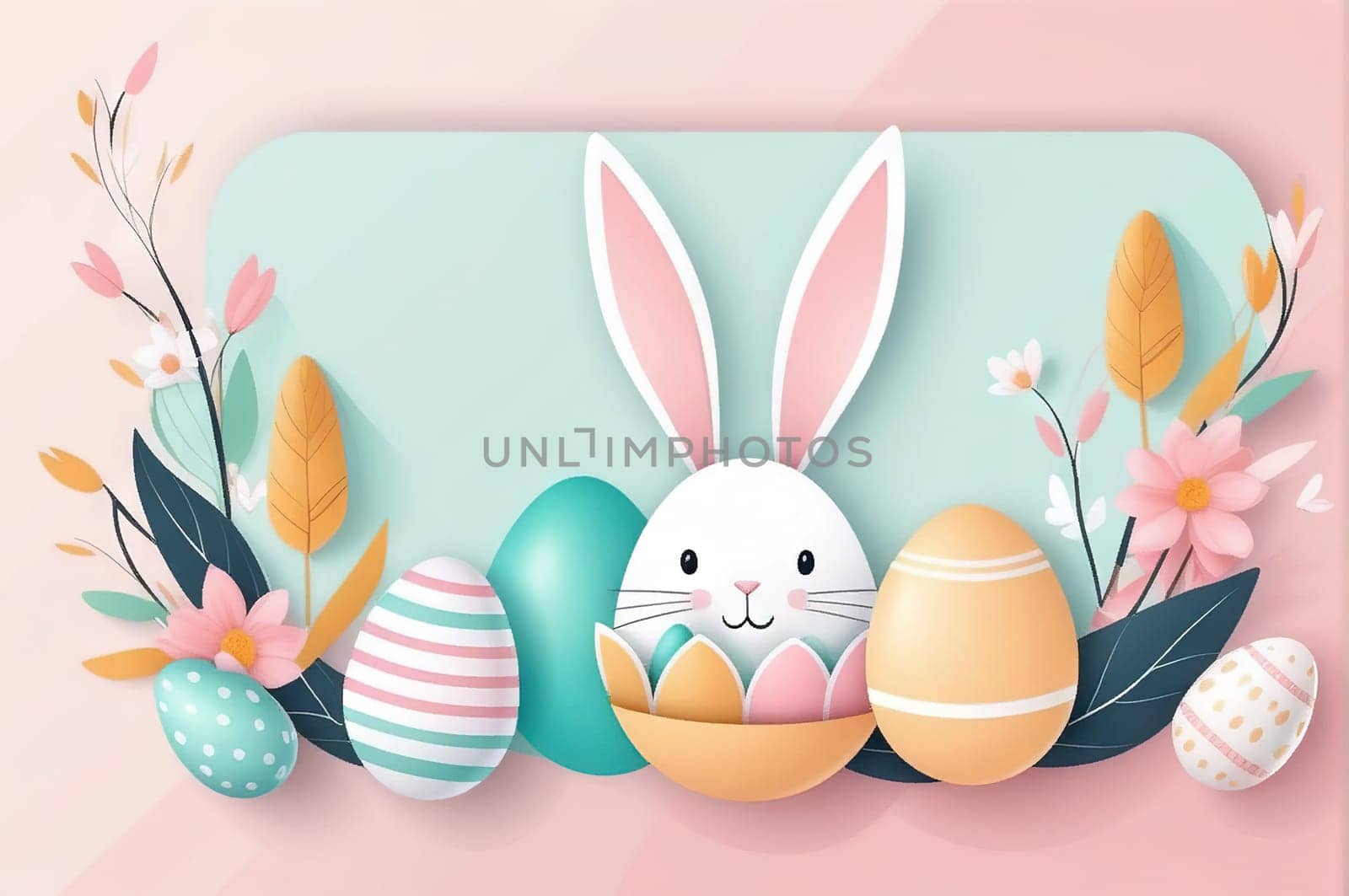 abstract illustration of happy easter bunny and eggs cut from paper on color background. by EkaterinaPereslavtseva