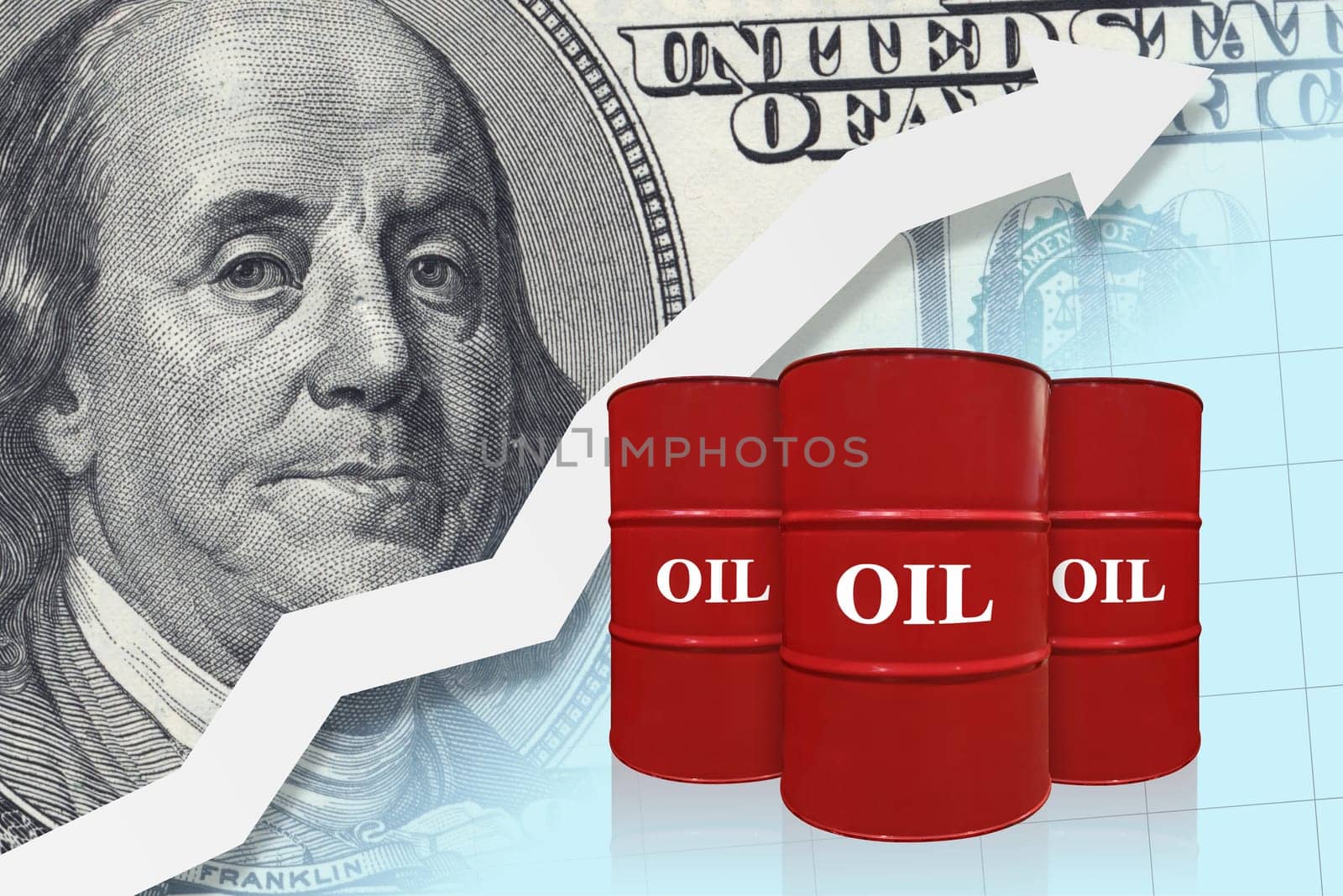 Red oil barrels with white arrow up. Oil industry concept. Raising prices chart