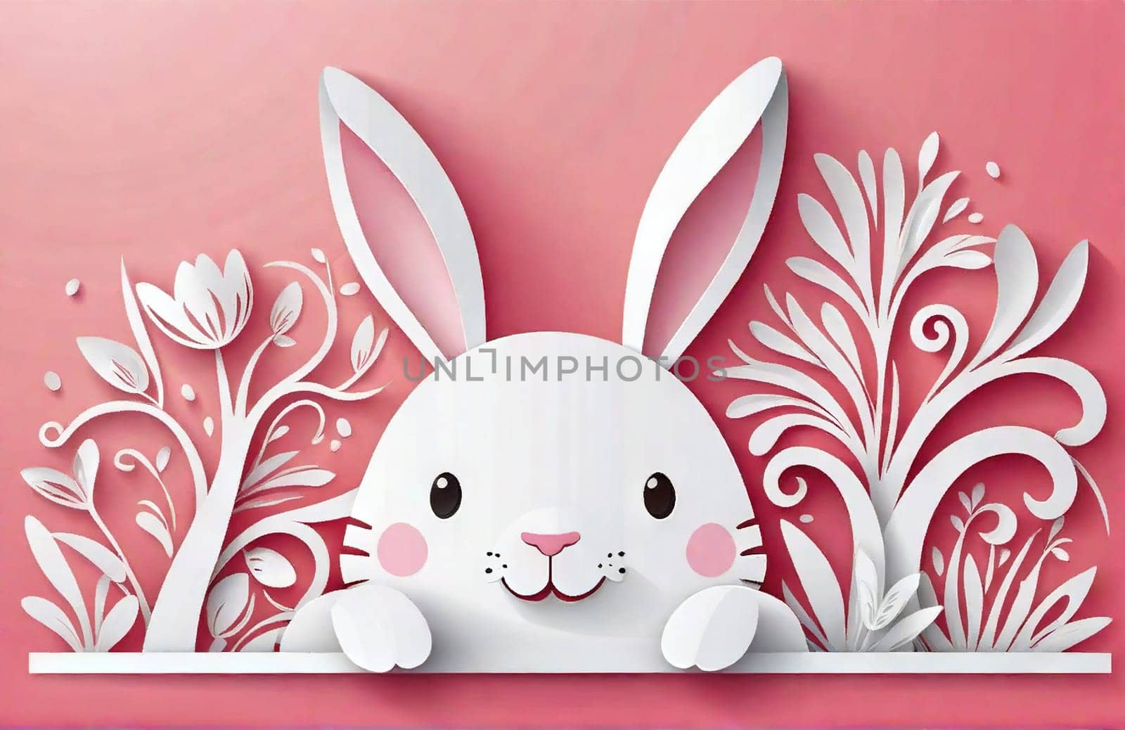 abstract illustration of happy easter bunny and eggs cut from paper on color background