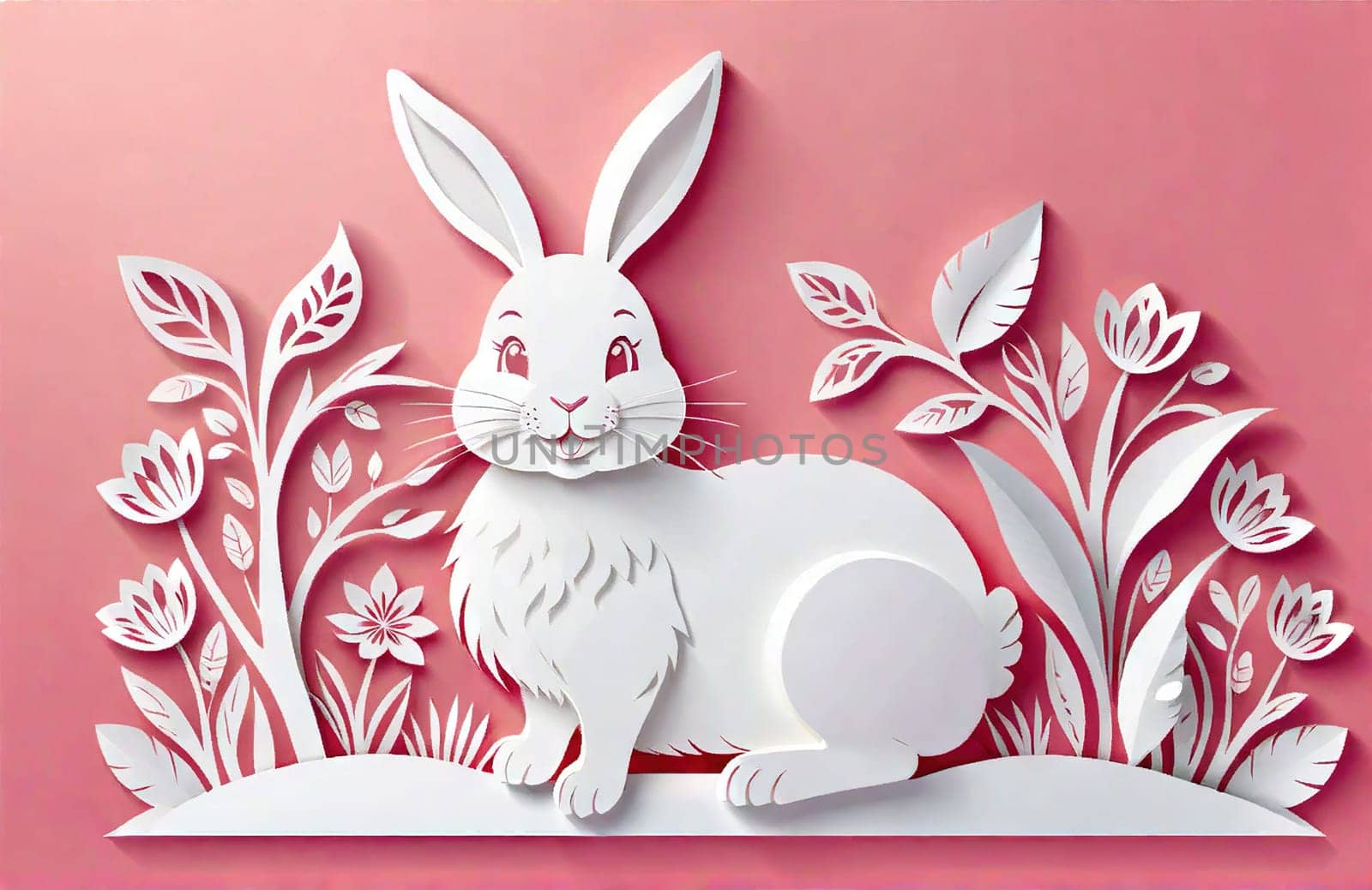 Happy Easter card, bunny eggs flowers and spring frame. Modern background concept. Place for text. cut from paper by EkaterinaPereslavtseva