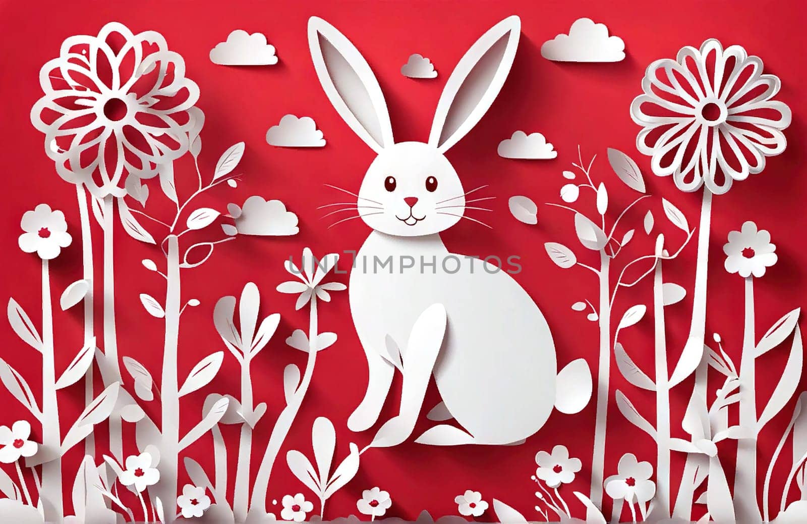 Happy Easter card, bunny eggs flowers and spring frame. Modern background concept. Place for text. cut from paper