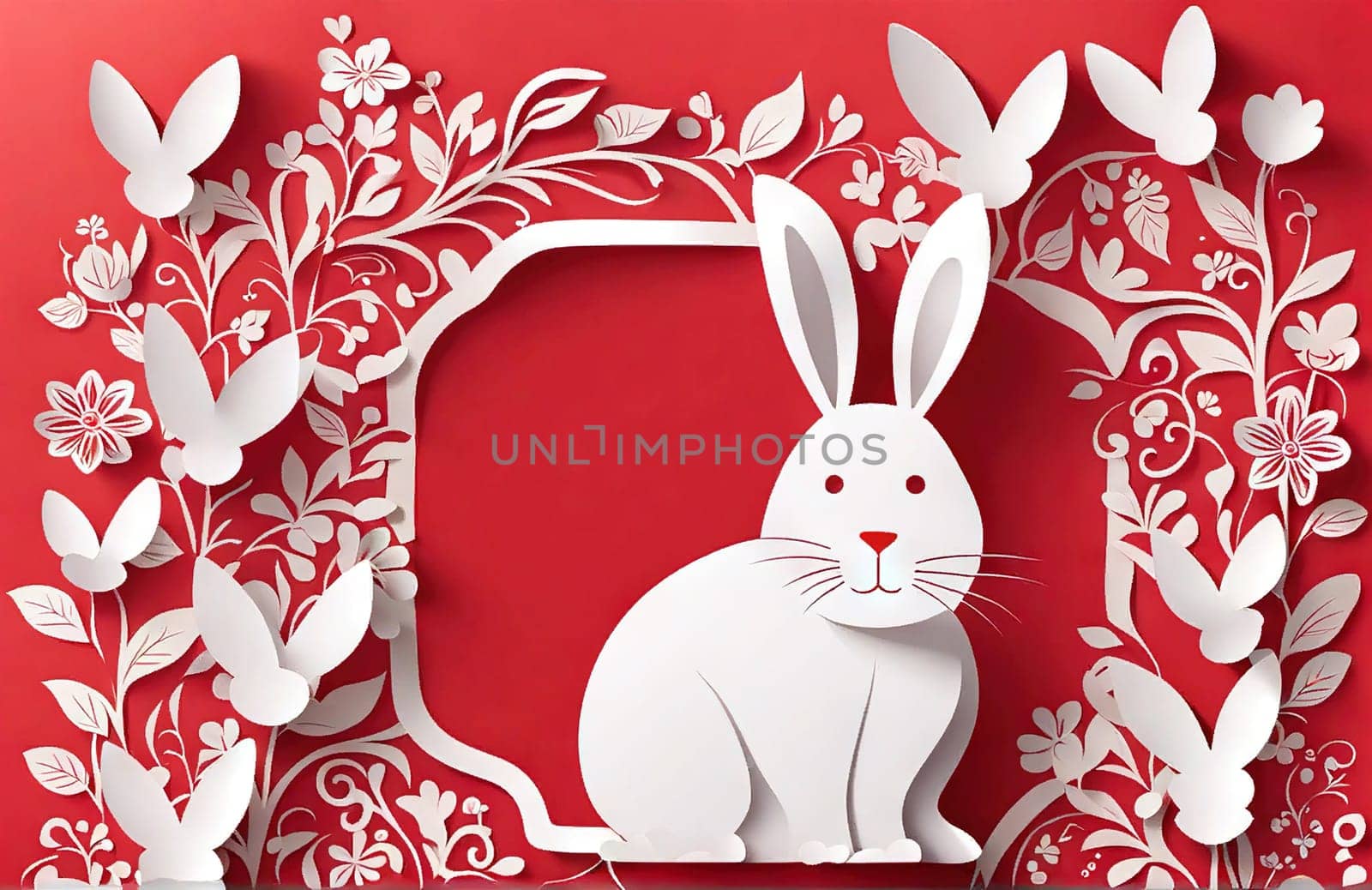 Happy Easter paper art with Easter eggs and rabbit, greeting card. Paper cut style