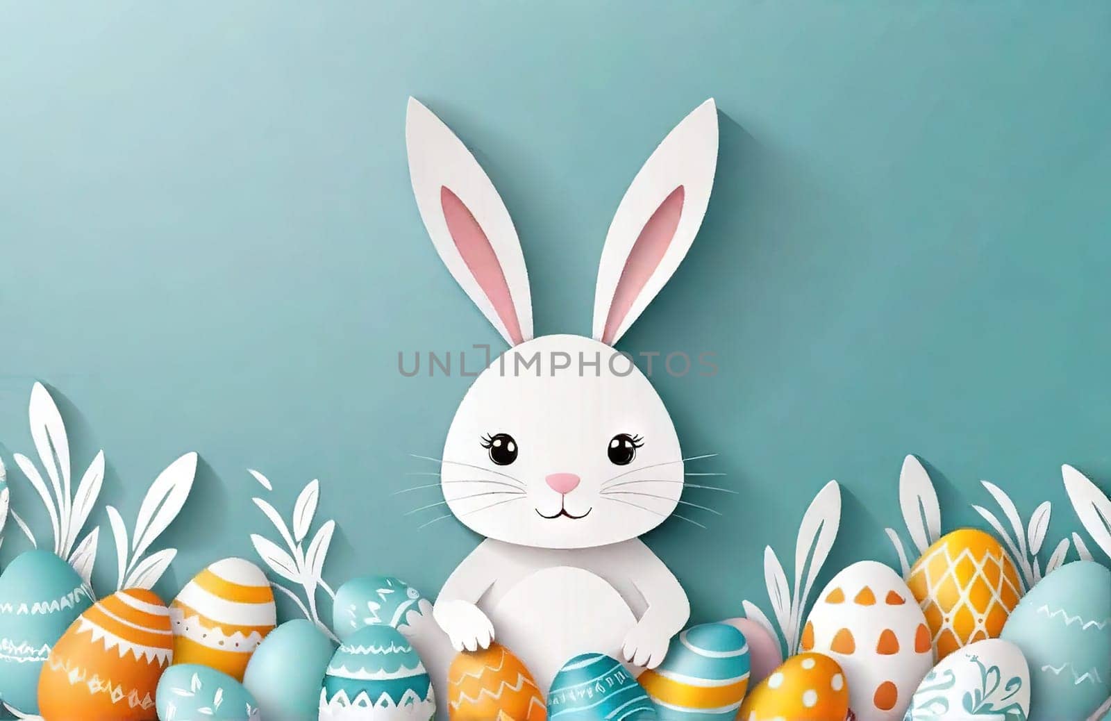 Happy Easter paper art with Easter eggs and rabbit, greeting card. Paper cut style