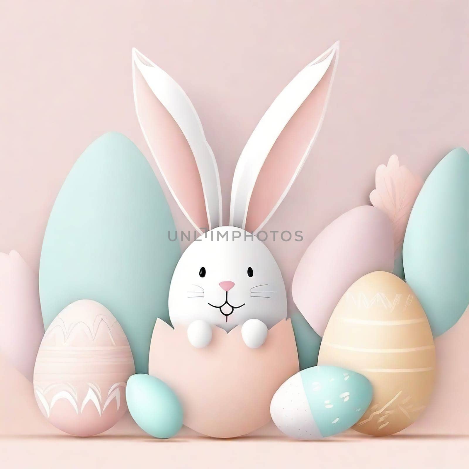 Happy Easter paper art with Easter eggs and rabbit, greeting card. Paper cut style