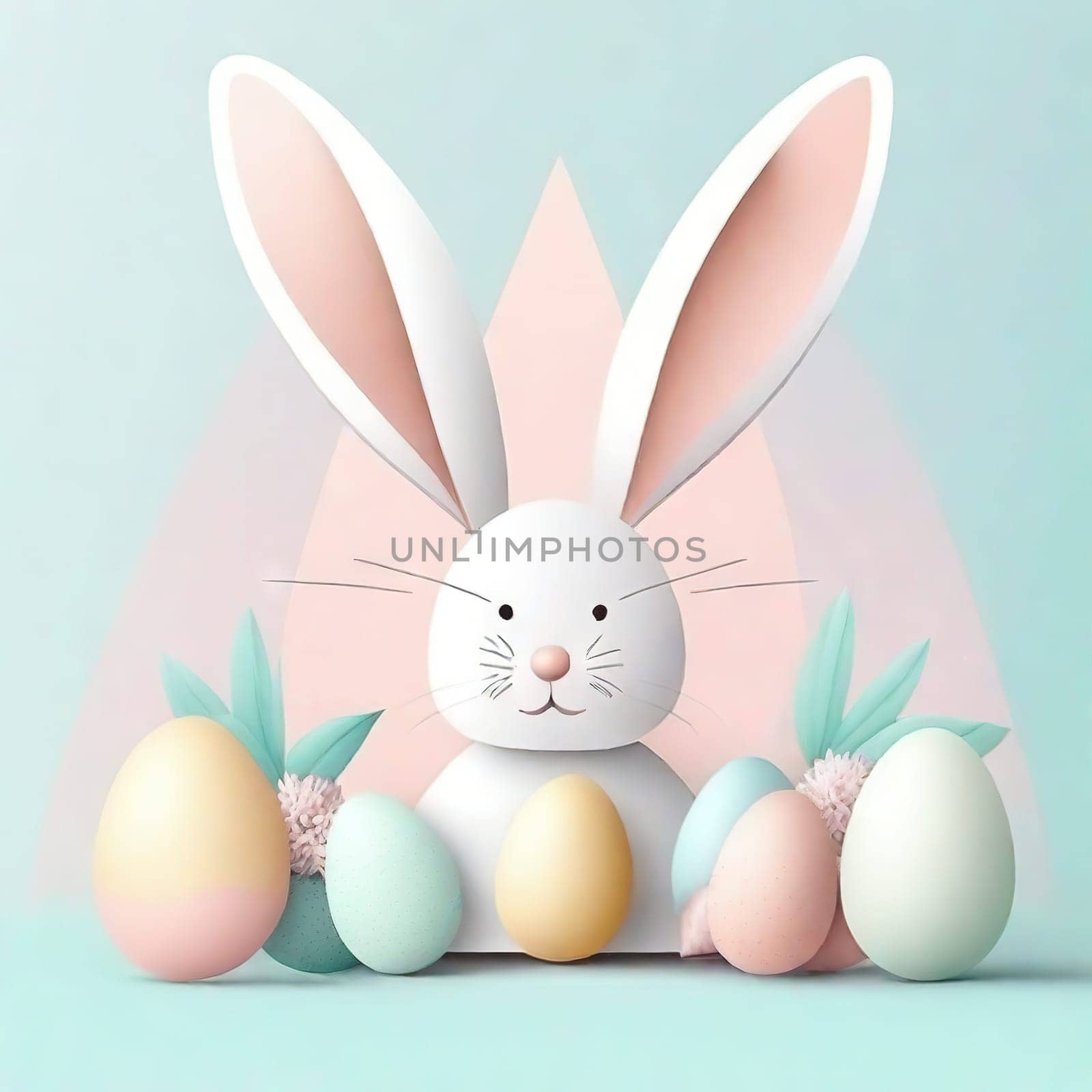 Happy Easter banner, poster, greeting card. Fashionable Easter design with bunny, flowers, eggs in pastel colors. Modern minimalist style. by EkaterinaPereslavtseva