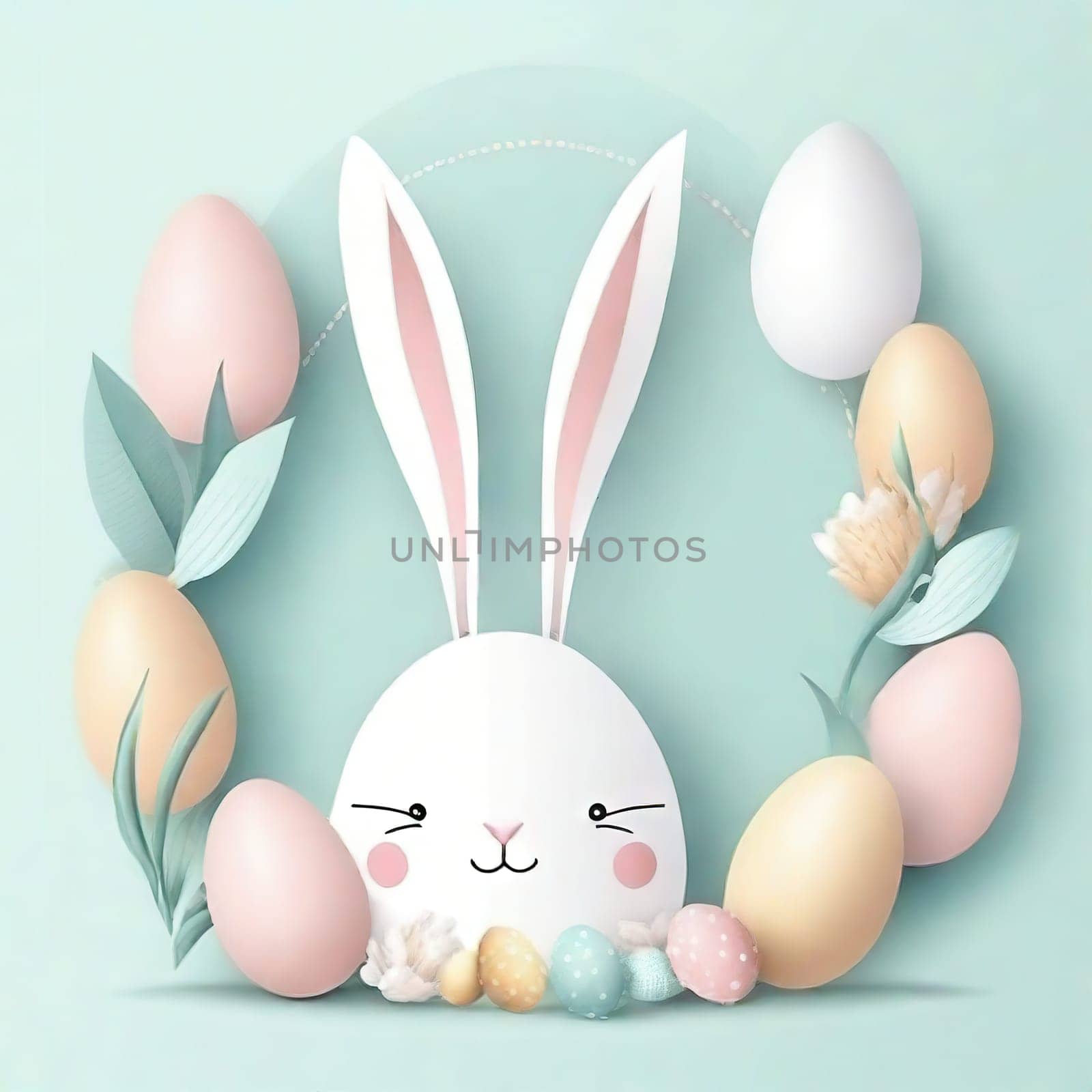 Happy Easter banner, poster, greeting card. Fashionable Easter design with bunny, flowers, eggs in pastel colors. Modern minimalist style