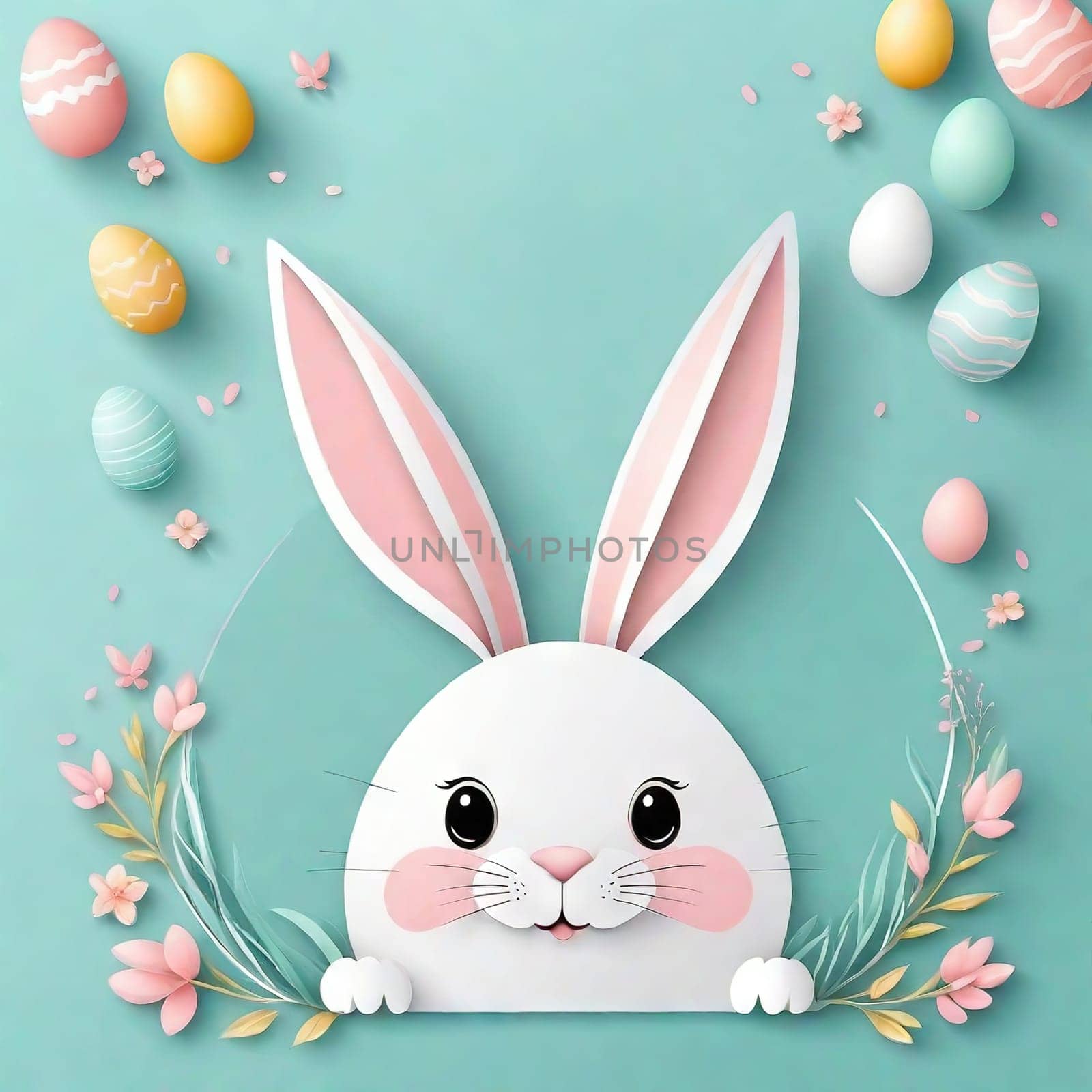 Happy Easter banner, poster, greeting card. Fashionable Easter design with bunny, flowers, eggs in pastel colors. Modern minimalist style. by EkaterinaPereslavtseva