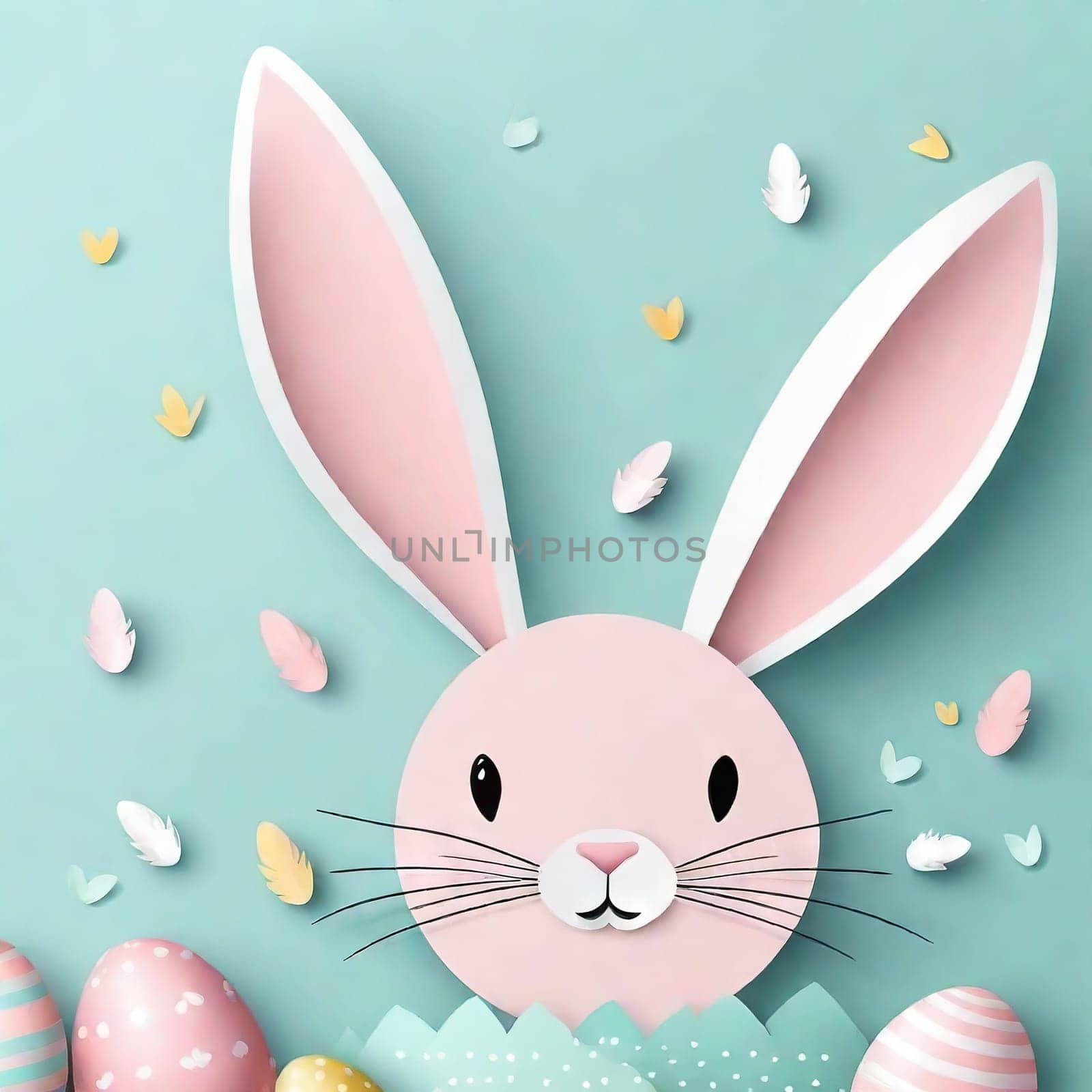 Happy Easter banner, poster, greeting card. Fashionable Easter design with bunny, flowers, eggs in pastel colors. Modern minimalist style