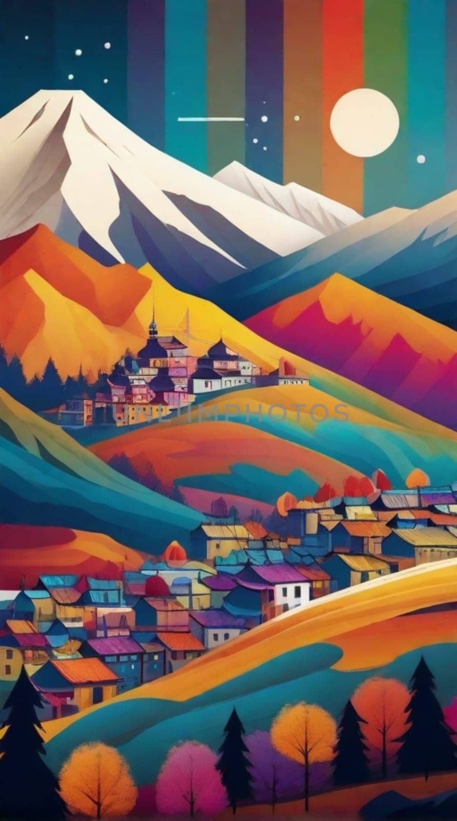 Beautiful and fantastically designed silhouettes of mountain village, houses and moon lited sky by verbano