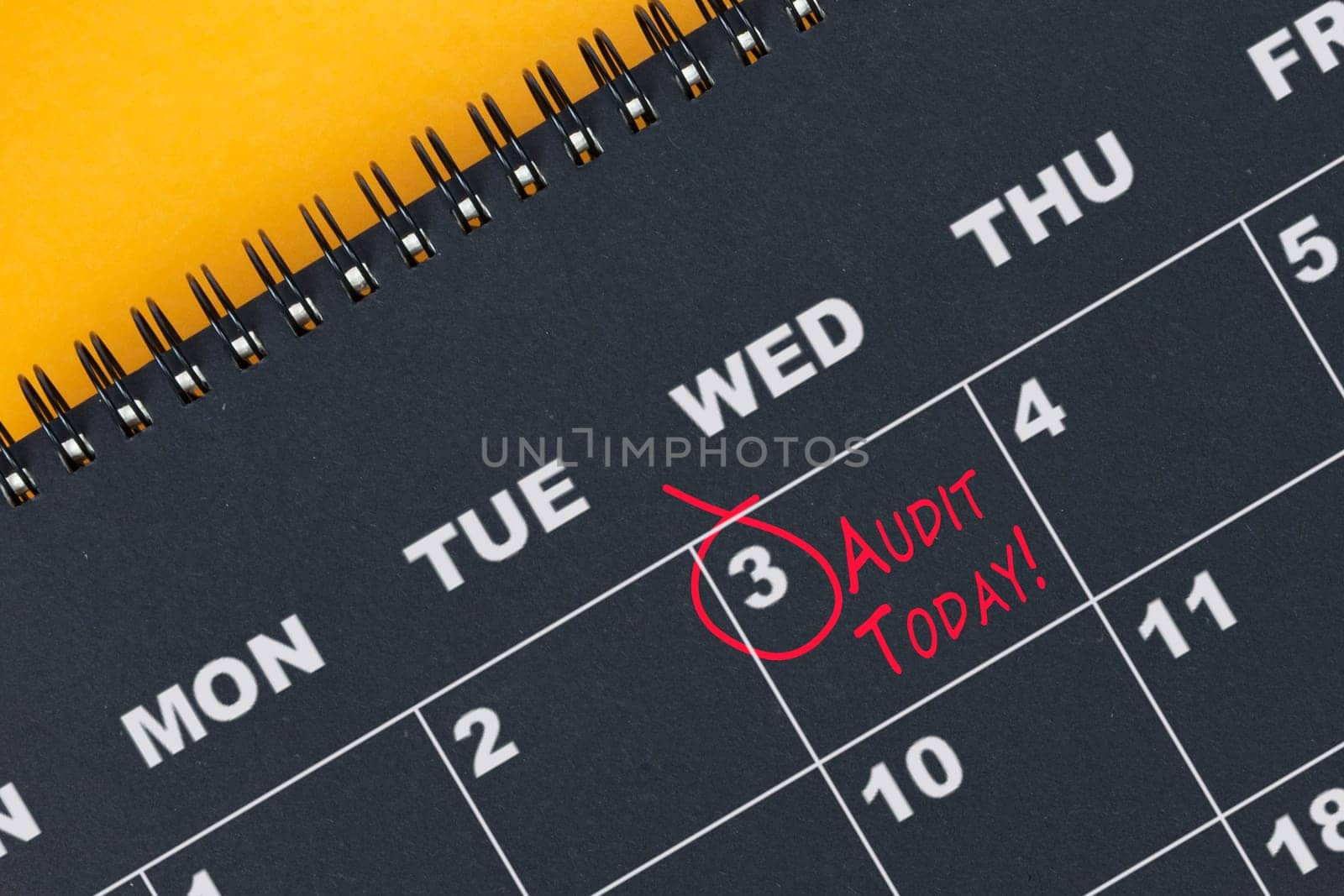 Red circle mark on the calendar at 3 for reminder of Audit Today. Audit concept.