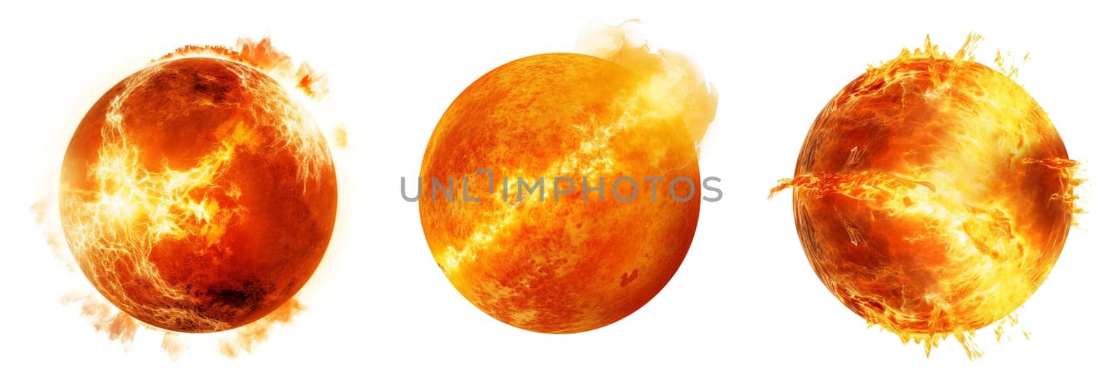 Set of different surfaces of the Sun with solar flares close-up on a transparent background. Magnetic storms or solar flares isolated on white background by SERSOL