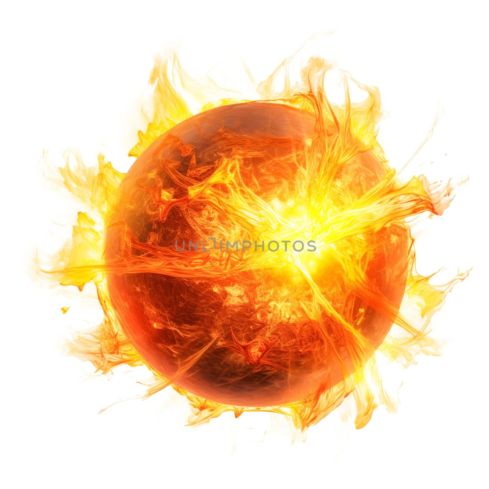 Surface of the Sun with solar flares close-up on a transparent background. Magnetic storms or solar flares isolated on white background. High quality photo