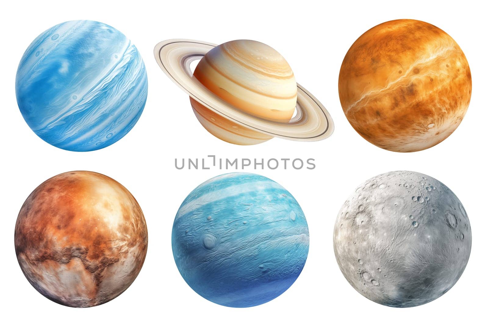 Realistic image of different planets Moon, Neptune, Pluto, Saturn, Uranus, Venus on a transparent background. Planets isolated on transparent background in PNG format, space elements by SERSOL