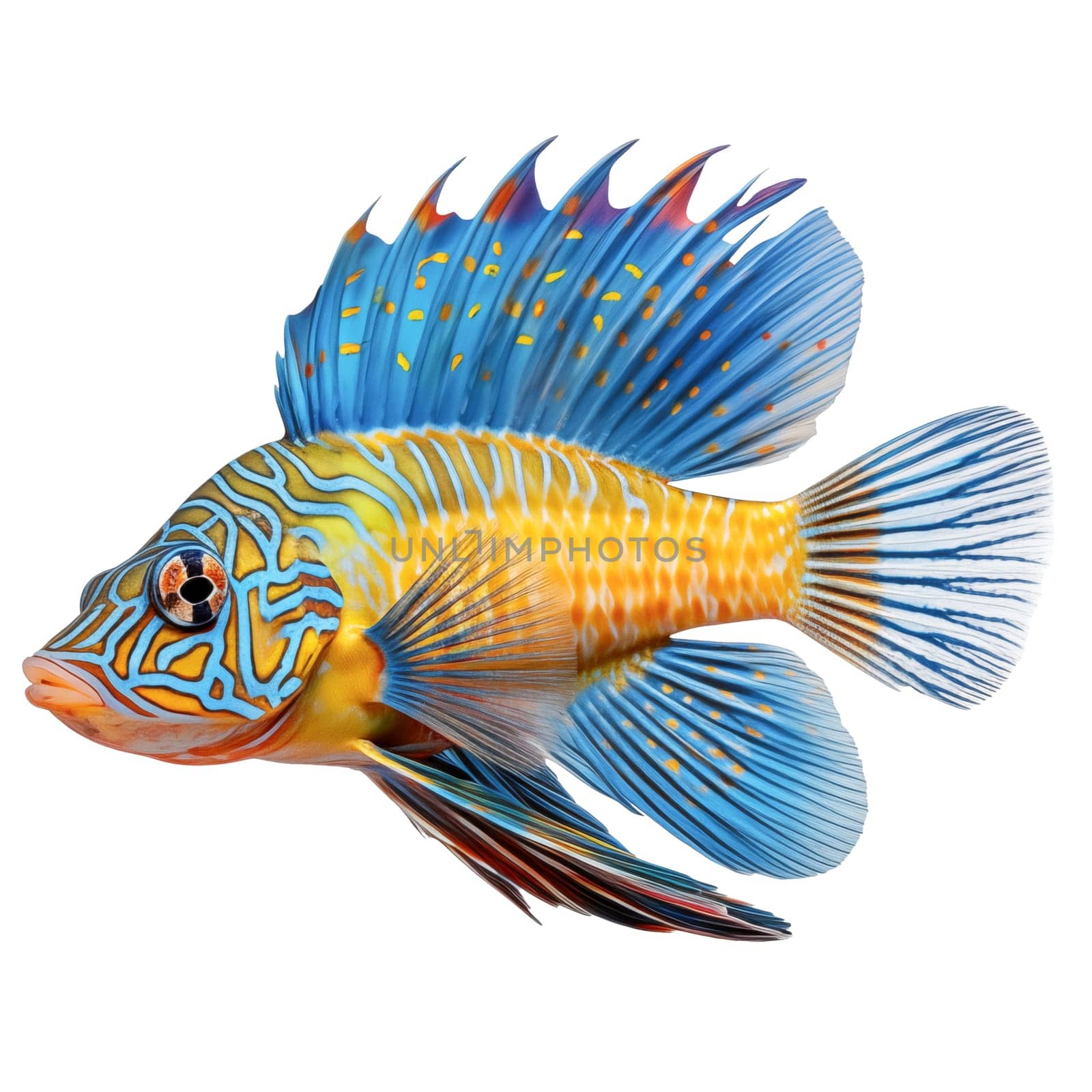 Multicolored aquarium fish on a transparent background, side view. The Chameleonfish, an blue and yellow saltwater aquarium fish, isolated on a white background, a design element for insertion. by SERSOL