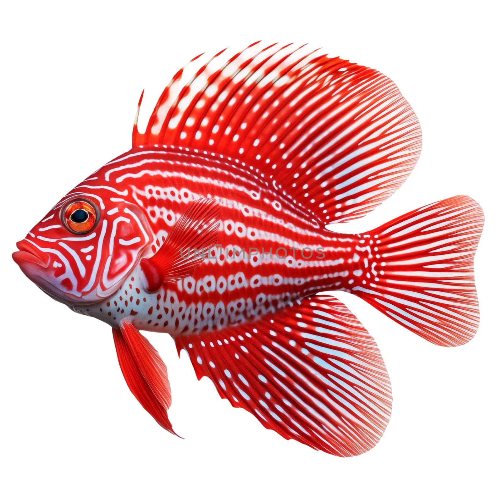 Multicolored aquarium fish on a transparent background, side view. The Red Stargazer, an red and white saltwater aquarium fish, isolated on a white background, a design element for insertion.